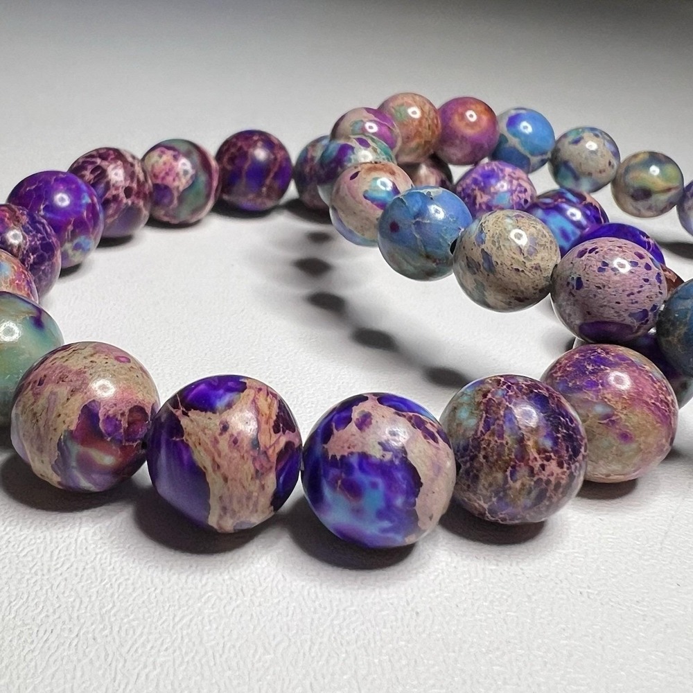 Set Of 2 Icy Blue & Purple Sea Sediment‎ Imperial Jasper Beaded Bracelets